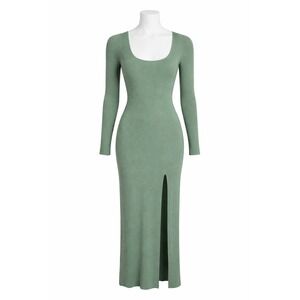 Women Green Ribbed Knit Midi Dress Long Sleeve Scoop Neck Bodycon